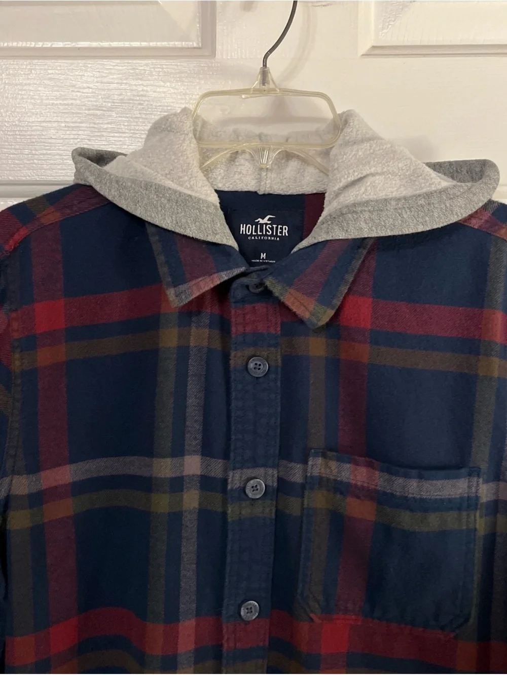 Hollister Hooded Button Up Shirt Jacket Men Navy Plaid Y2K Shacket Gray Hood Med
